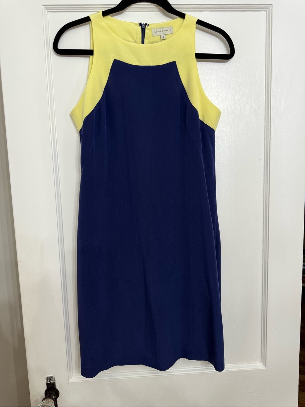 Annie Griffin Silk Colorblock Sleeveless Sheath Dress Navy Blue Yellow Size 4